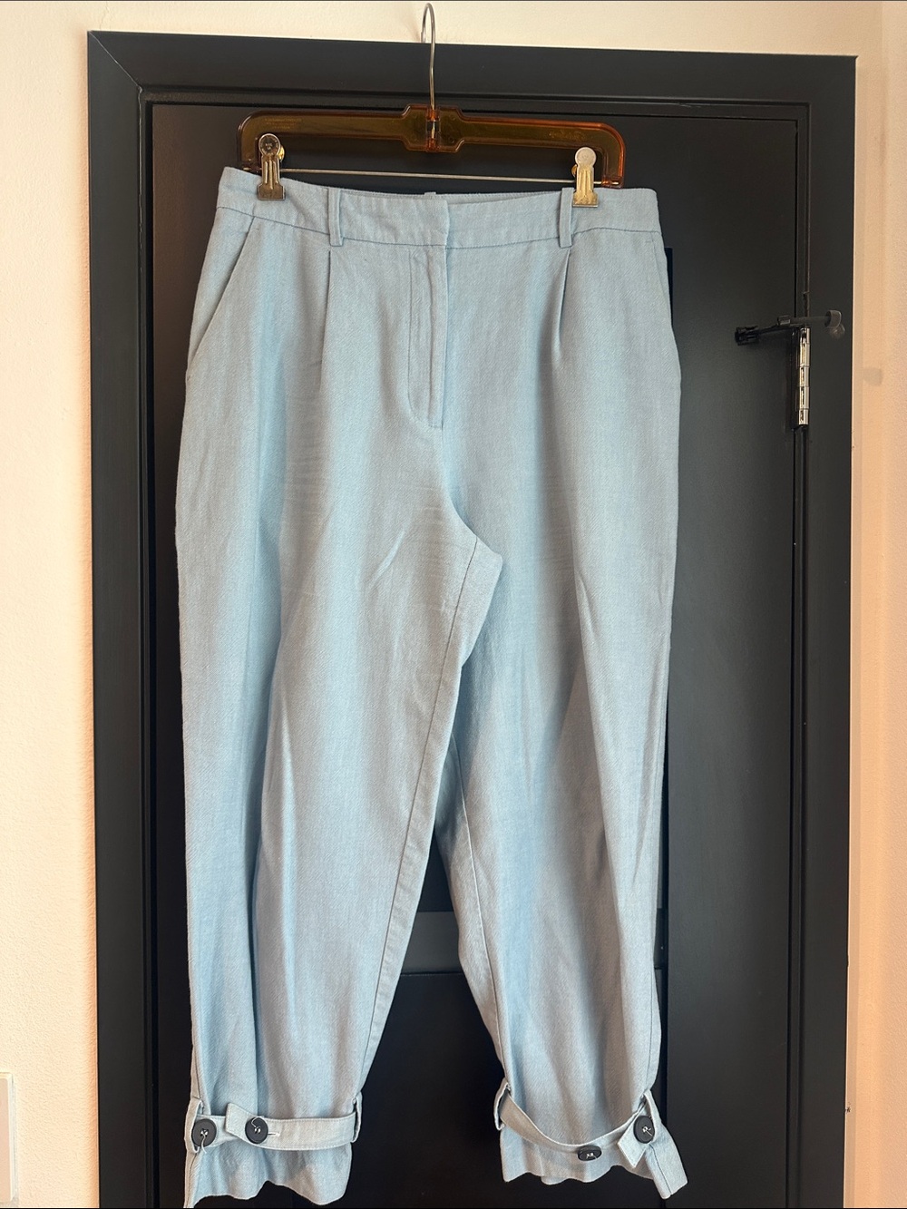 Zara Pale Blue Cropped Trousers with Button Tab Hem